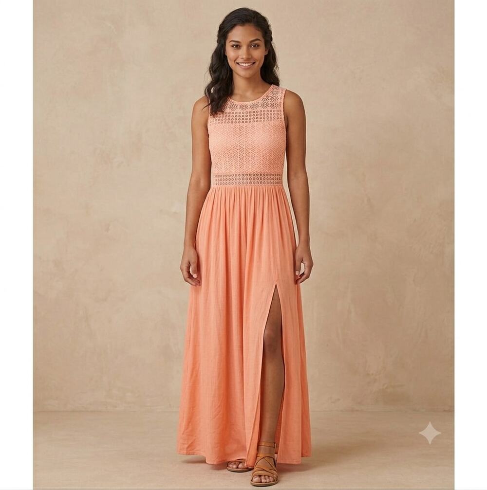 NWOT Material Girl Peach Coral Lace Top Maxi Dress Sleeveless High Slit Size Sm